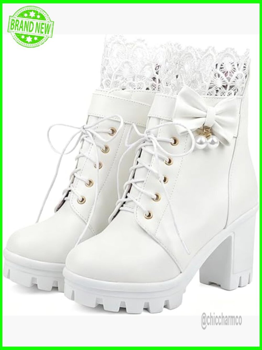 Gothic Platform Ankle Boots Lace-Up Combat with Bow Pearl Chunky Heel